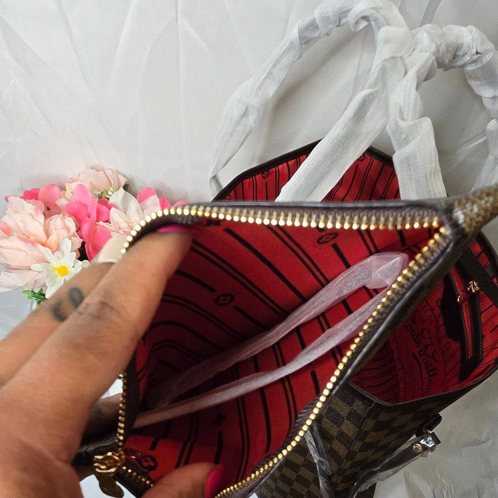 LV Brown Checkered Tote (Red)