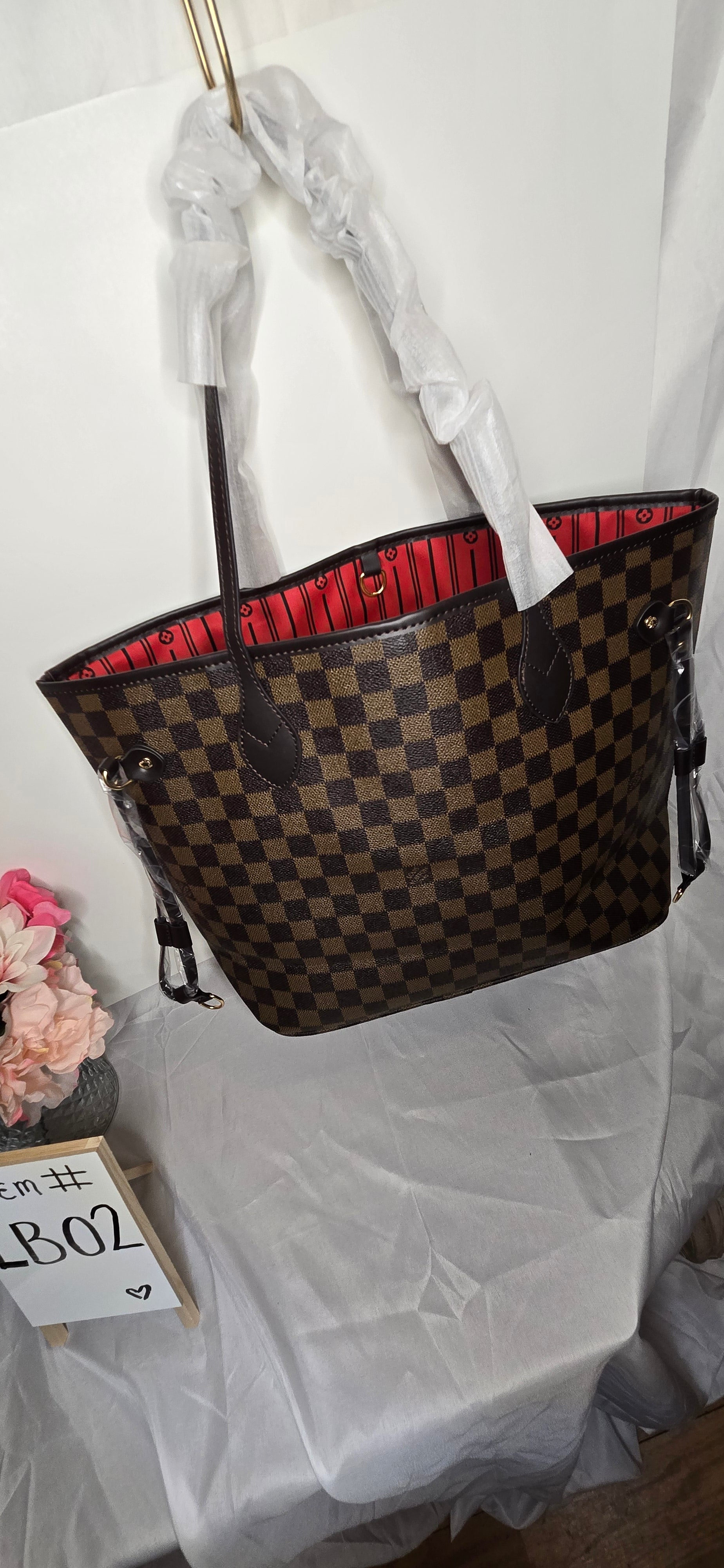 LV Brown Checkered Tote (Red)